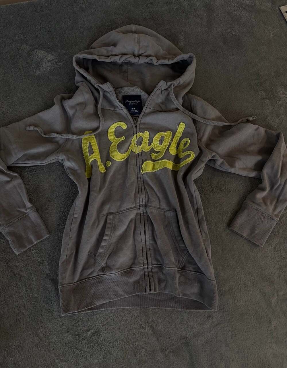 Vintage American Eagle Outfitters Gray Zip Up Hoodie Yellow Appliqué Logo Medium